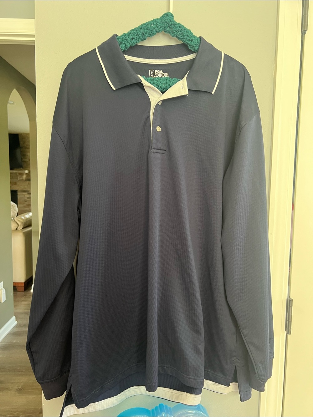 PGA Tour Men's Long Sleeve Polo Shirt - Navy with Grey Trim